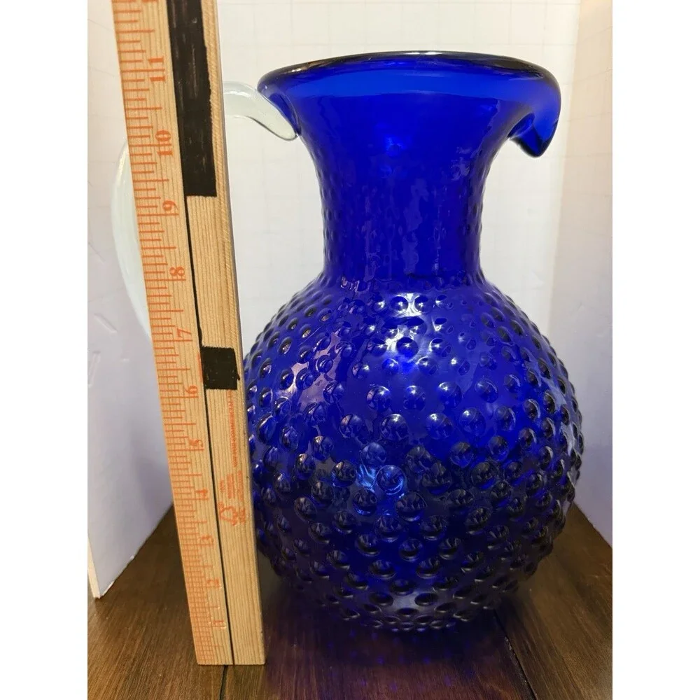Vintage Colbalt Blue Hobnail Hand Blown Large Glass Pitcher